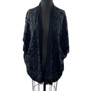 LUSH Black Floral Lace Short Sleeve Cotton Blend Kimono Wrap Robe Size S/M